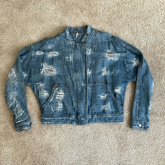 FREE PEOPLE DISTRESSED DENIM BOMBER JACKET - Picture 12 of 15